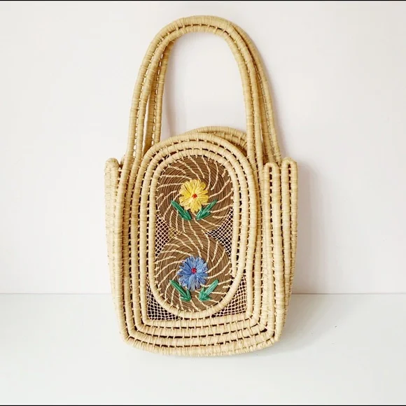 Handcrafted Floral Embroidered Rattan Tote - Picture 1 of 8